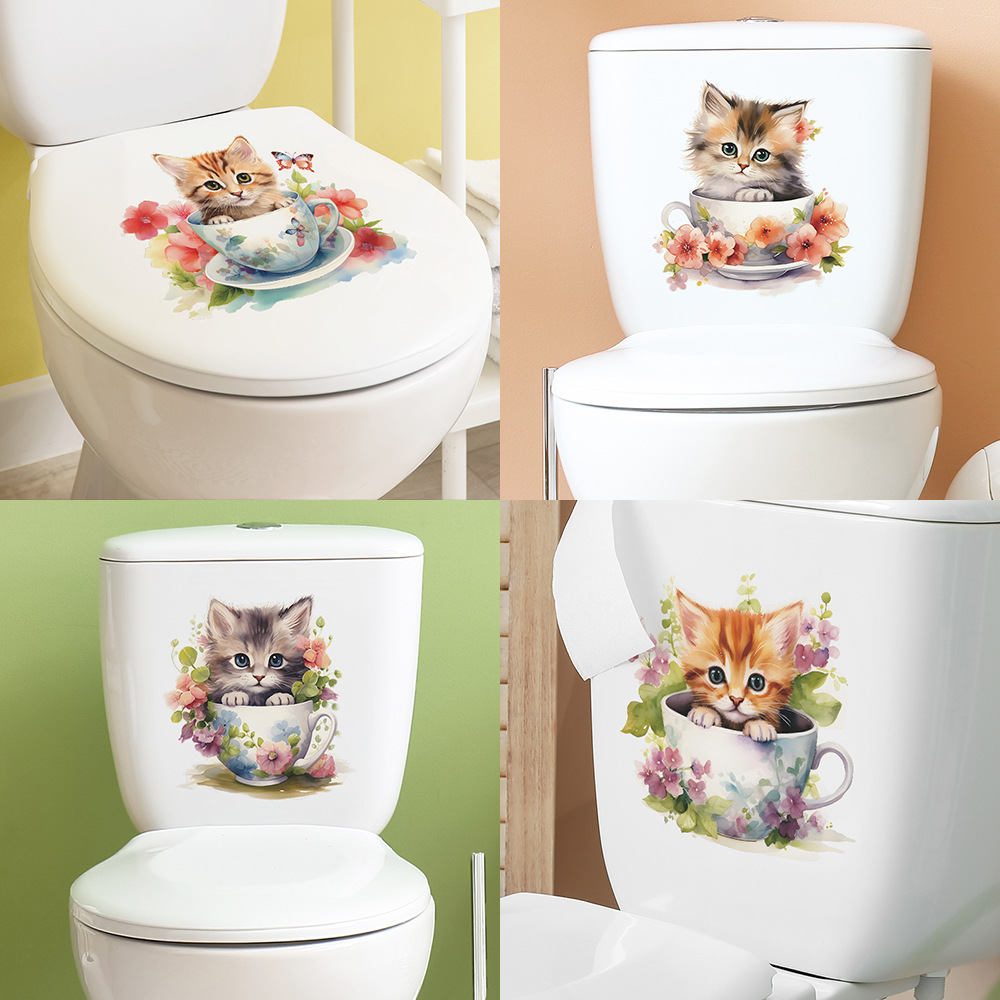 Home Bathroom Wall Tiles - Autocollant Mural tasse de thé chat